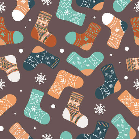 Bright Christmas socks stockings, boots. Woolen winter clothing with Scandinavian patterns and snowflakes in cartoon style. In earthy shades.のイラスト素材