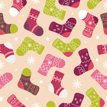 Bright Christmas socks stockings, boots. Woolen winter clothing with Scandinavian patterns and snowflakes in cartoon style. Pink and green.のイラスト素材
