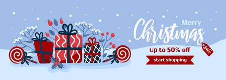 Merry Christmas sale. Bright horizontal vector banner in cartoon style in blue and red colors. Lollipop, gifts, winter rose hips, holly. For advertising banner, poster, flyerのイラスト素材
