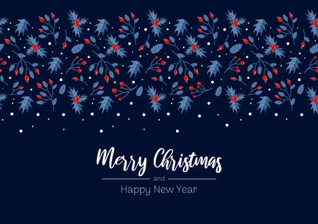 Bright artistic template Merry Christmas. Winter berries of wild rose, holly. In gold, red and blue festive colors. Vintage style. For posters, cards, banners.のイラスト素材