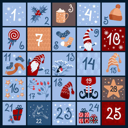 Cute advent calendar. 25 windows with numbers. Vector illustration in cartoon style. Warm winter clothes, sweets, gifts, snowflakes, little Christmas gnomes, bullfinch, hot chocolate with marshmallowsのイラスト素材
