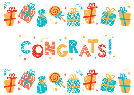 Congratulations lettering. Congrats text in Scandinavian style, decorated with lollipop, gifts,...