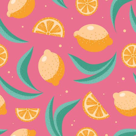 Lemons and leaves. Bright trendy summer seamless pattern. Fruits, slices, splashes of juice on a pink background. For wallpaper, printing on fabric, wrappingのイラスト素材