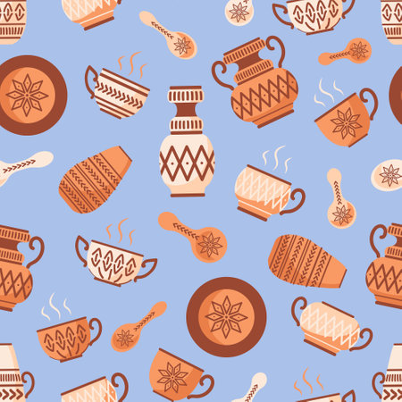 Seamless vector pattern Handmade ceramics dishes with ethnic ornaments. amphoras, vases, plate, spoon, pots and bowl with ethnic patterns. For kitchen, wallpaper, fabric, wrapping. Earthy blue tones.のイラスト素材