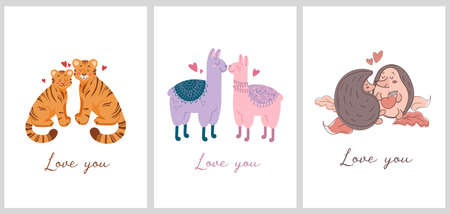 Cute vector illustration valentines day. Animalistic concept Couple of lovers. Hearts, tigers, llamas, hedgehog, lettering. Love you. For postcards, posters, printing clothes. Chinese New Year 2022のイラスト素材