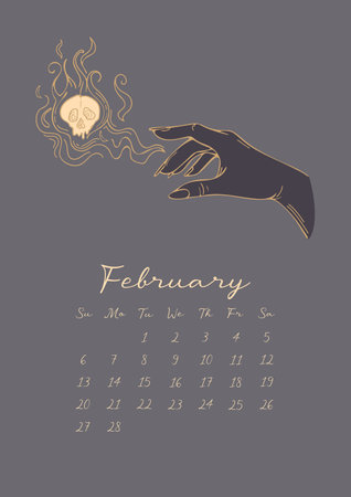 Vector illustration, vintage style. Womens golden hands. Magic calendar 2022. Month February. A dangerous deadly spell. Scull, magic, witchcraft, mystic. For calendar, planner note organizerのイラスト素材