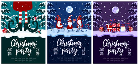 Set Merry Christmas party flyer. Bright vector illustration, cartoon style, green blue violet colors. Gnomes in caps, Lollipop, gifts, elf shoes, holly. For advertising banner, poster, flyer.のイラスト素材