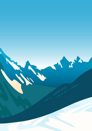 Snow-covered mountain ranges, blue sky. Bright winter landscape. Winter sports. Snowboarding, ski resort. For posters, postcards, banners, website.のイラスト素材