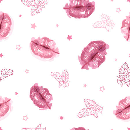 Valentine s Day. Tender pink lips, star, mint. Seamless pattern Vector illustration. Watercolor style. World Kiss Day. Packaging, postcards, background, banner, poster, print fabric.のイラスト素材