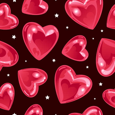 Valentines Day. Bright seamless pattern with shiny realistic heart-shaped balloons and stars. On a black background. For wallpaper, printing on fabrics, packaging.のイラスト素材