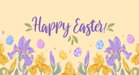 Horizontal border of iris flowers. Irises and chocolate colorful eggs. Delicate spring flowers....