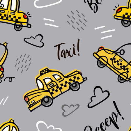 Cute cartoon yellow retro taxis are flying among the clouds on a gray background. Childrens cartoon illustration in doodle style. For boys, nursery, wallpaper, printing fabric, wrapping.のイラスト素材