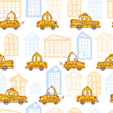 Funny cartoon yellow vintage taxi rides on the road in the city among the houses. Childrens cartoon in scandinavian style. For boys, nursery, wallpaper, stuffing fabric, packagingのイラスト素材