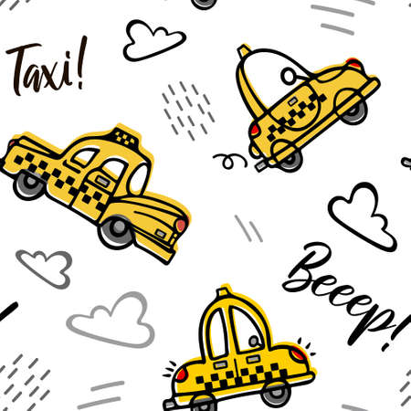 Cute cartoon yellow retro taxis are flying among the clouds on a white background. Childrens cartoon illustration in doodle style. For boys, nursery, t-shirts, clothes, wrapping.のイラスト素材