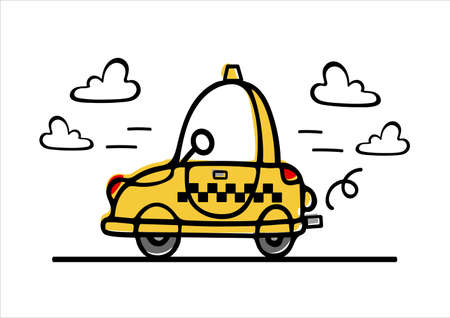 A funny little yellow taxi car rushes along the road. Childrens illustration in doodle style. For stickers, posters, postcards, design elementsのイラスト素材