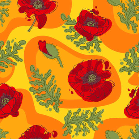 Flowers and leaves of poppies on color spots. Bright sunny summer pattern. In yellow-orange. Botanical illustration for wallpaper, fabric printing, packagingのイラスト素材