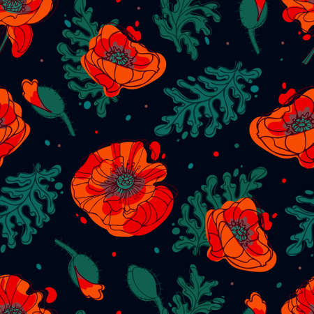 Contrasting poppy flowers and leaves on a dark background. Bright dramatic pattern. In black and red colors. Botanical illustration for wallpaper, fabric printing, packaging.のイラスト素材