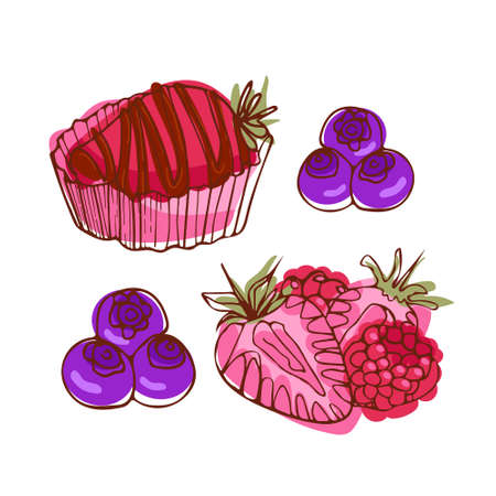 Appetizing set of blueberries, raspberries, strawberries. Vector food illustration in sketch style. sweetest day. National Strawberry Day. For stickers, posters, postcards, design elements.のイラスト素材