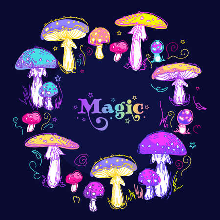 Fairy Rings. Magic witchs circle of fly agaric mushrooms. Psychedelic multi-colored amanita. Vintage botanical illustration, sketch style. For halloween, frame, posters, postcards, banners, fabricのイラスト素材