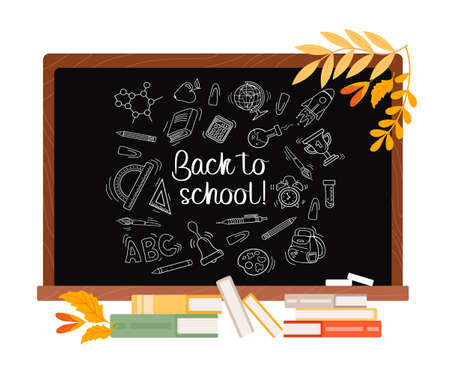 Back to school. School board with chalk drawings, stacks of books and autumn leaves. For wallpaper, printing on fabrics, packaging. For posters, postcards, advertising banner, website, sale flyer.のイラスト素材
