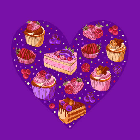 Delicious cupcakes with chocolate, berries and caramel heart shaped. Modern bright vector illustration in sketch style. For menu, pastry shop, birthday invitation, postcard, poster.のイラスト素材