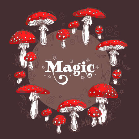 Fairy Rings. Magic witchs circle of fly agaric mushrooms. Vintage bright botanical illustration in sketch style. For halloween posters, postcards, banners, printing on fabric.のイラスト素材