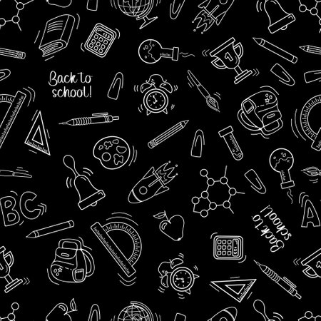 Back to school. Seamless pattern in sketch style. Chalk drawings on the blackboard. Writing utensils - pens, pencils and rulers. For wallpaper, printing on fabric, wrappingのイラスト素材