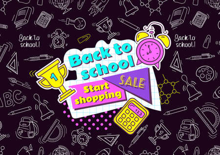 Back to school. Bright vintage banner in neon colors of 90s cartoon style. Chalk drawings on the blackboard. Calculator, award cup, alarm clock. For advertising banner, website, poster, sale flyer.のイラスト素材