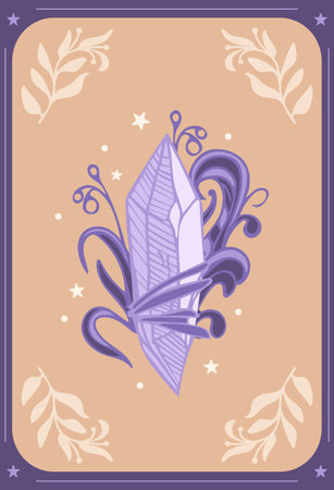 Amethyst. Purple crystal with sprigs of a plant. The magic minerals. ritual amulet. Vintage illustration in boho style. Halloween, witchcraft. For logo, posters, cards, banners, fabric printingのイラスト素材