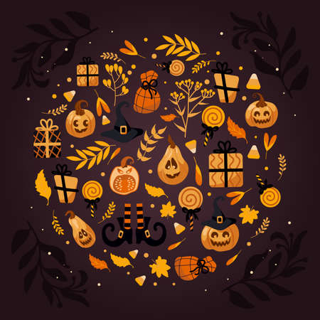 Happy Halloween. Circle with holiday symbols. Gourd pumpkin Jack o lantern, witch hat, striped stockings, lollipop, gifts, autumn leaves and dried flowers. For stickers, posters, cards, designのイラスト素材
