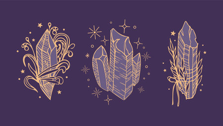 Crystal set with sprigs of a plant. The magic of plants and minerals. ritual amulet. Vintage illustration in boho style. Halloween, witchcraft. For logo, posters, cards, banners, fabric printingのイラスト素材