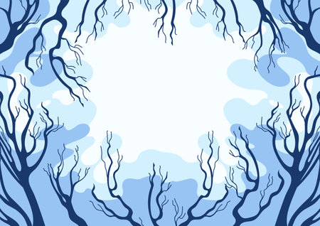 Hello, Autumn. Bare crowns of trees without leaves. Overcast sky. Clouds. Landscape background with place for text. For banner, poster, background.のイラスト素材