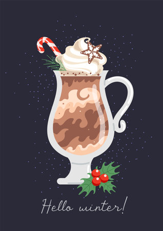 Winter Christmas drinks. Hot chocolate, whipped cream in a crystal glass. Gingerbread snowflake. Candy cane and holly. Food illustration for menu, cafe, postcard, poster, sticker.のイラスト素材