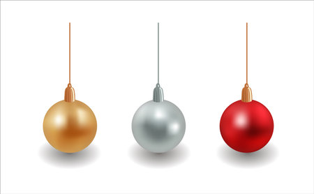 Set of realistic matte Christmas balls with shadows. Red, gold and silver. Isolated vector elements for stickers, posters, postcards, design elementsのイラスト素材
