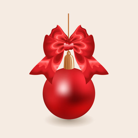 Realistic red matte Christmas ball with satin bow and shadow. Isolated vector illustration for stickers, posters, cards, design elements.のイラスト素材