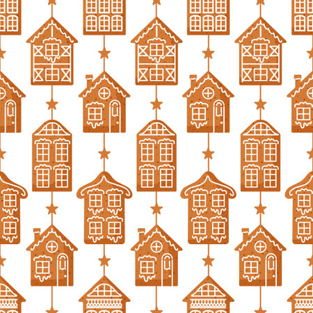 Gingerbread. European-style houses, decorated with icing. Seamless pattern in the form of a garland of traditional holiday cookies. For wallpaper, printing on fabric, wrapping, backgroundのイラスト素材