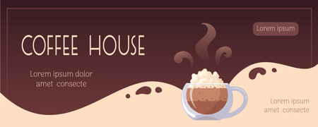 Coffee house. Horizontal banner with a glass mug of multi-layered hot cappuccino with lush foam of whipped cream. Vector food illustration for shop, cafe bar, barista, flyer, advertising, promo, menuのイラスト素材