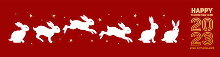 Rabbits, happy Chinese New Year 2023. Bright vector banner with golden pattern on red background, starry sky. Asian style. Vintage font. for poster, banner, flyer, advertisement.のイラスト素材