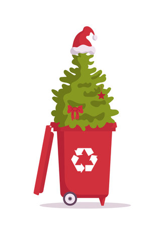 Christmas tree in a bin with a recycling sign. Post-holiday cleaning. Environmentally friendly, green holidays, reasonable consumption. For stickers, posters, postcards, design elementsのイラスト素材