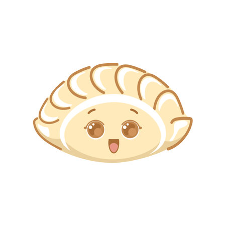 Jiaozi. Chinese New Year fried dumplings, shaped like ancient silver and gold ingots. Cute cartoon character. For menu, cafe, advertising.のイラスト素材