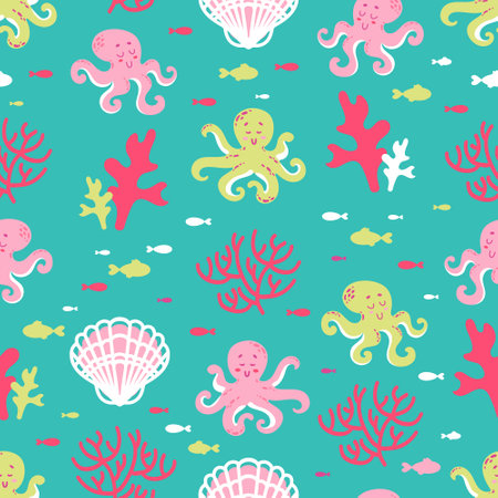 Summer cute marine seamless pattern coral reef with cute octopuses, starfish, algae, shells and fish. ocean dwellers. Cartoon style. bright acid colors. For nursery, wallpaper, printing on fabricのイラスト素材