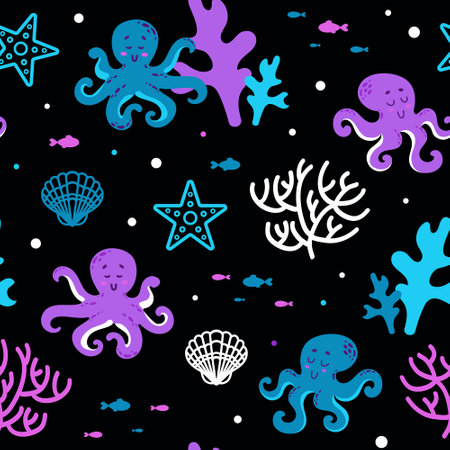 Summer cute marine seamless pattern coral reef with cute octopuses, starfish, algae, shells and fish. ocean dwellers. Cartoon style. On black. For nursery, wallpaper, printing on fabric, wrappingのイラスト素材