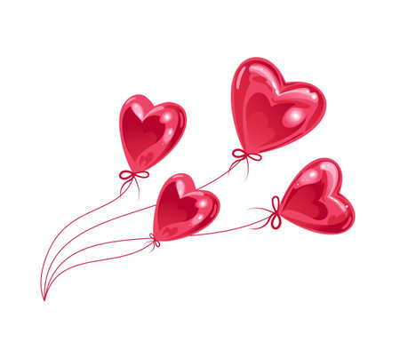 Pink sparkling heart shaped helium balloons develop in the wind.Modern realistic illustration. For posters, postcards, banners, design elements, printing on fabricのイラスト素材