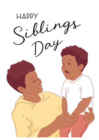 Happy sibling day. Black brothers hug and laugh. African American loving family. Children of different ages. In flat style. For posters, postcards, flyers, booksのイラスト素材