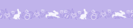Charming rabbits are jumping in the spring meadow. happy easter. Seamless monochrome purple border. Chocolate eggs eggs, daisies and tulips. Doodle style. For wallpaper, printing on fabric, wrapping.のイラスト素材