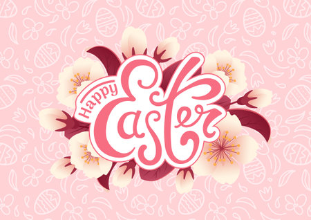Happy easter. Cherry blossom realistic style. Pink monochrome pattern chocolate eggs, flowers. Doodle style. Vintage lettering. For posters, postcards, advertising banner, website, sale flyer.のイラスト素材