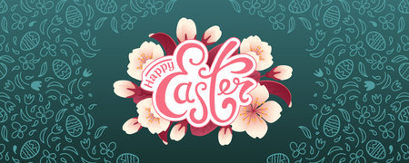 Happy easter. Horizontal vector banner. Cherry blossom realistic style, doodle pattern chocolate eggs, daisies and tulips. Vintage lettering. For posters, postcards, advertising banner, website, flyerのイラスト素材