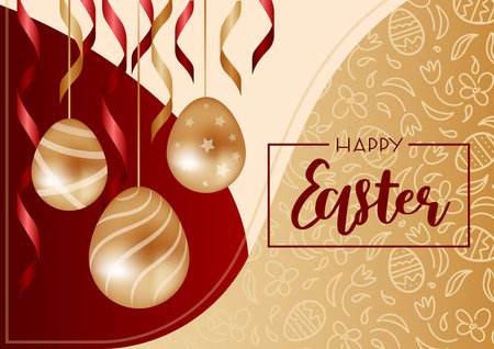 Happy easter. Horizontal vector illustration for sale, realistic style. Golden and red, chocolate eggs. Pattern in the form of stars, stripes, wave. Doodle pattern. Advertising banner, website, flyerのイラスト素材