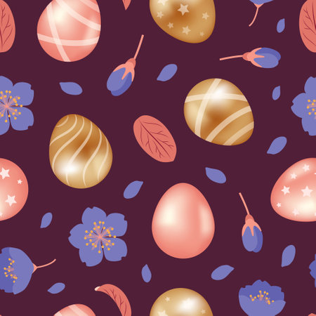 happy easter. Golden and pink chocolate eggs with stars and stripes. Spring flowers, forget-me-nots. Seamless pattern. illustration in realistic style. For wallpaper, fabric, wrapping, background.のイラスト素材