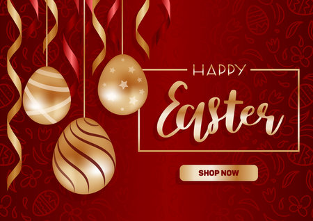 Happy easter. Golden and red, garland of chocolate eggs and ribbons. Doodle pattern, stars, stripes. Horizontal vector illustration for sale, realistic style. For advertising banner, website, flyer.のイラスト素材
